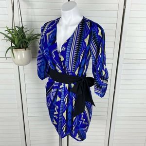 Yumi Kim Blue 9 to 5 Geometric Aztec Belted Faux Wrap Dress Tulip Womens Size XS